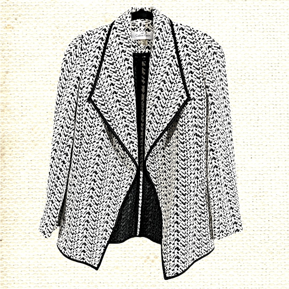 Calvin Klein Open Front Jacket Blazer, Black & White, 6P, Faux Leather Trim